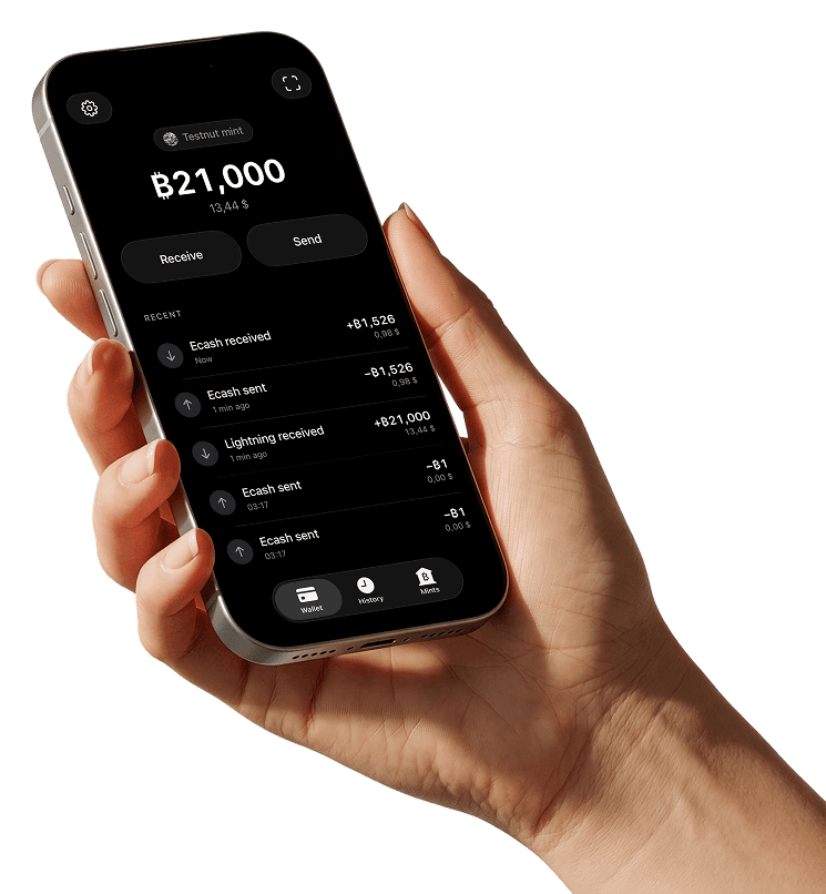 A hand holding a phone showing the cashu.me wallet balance and recent activity