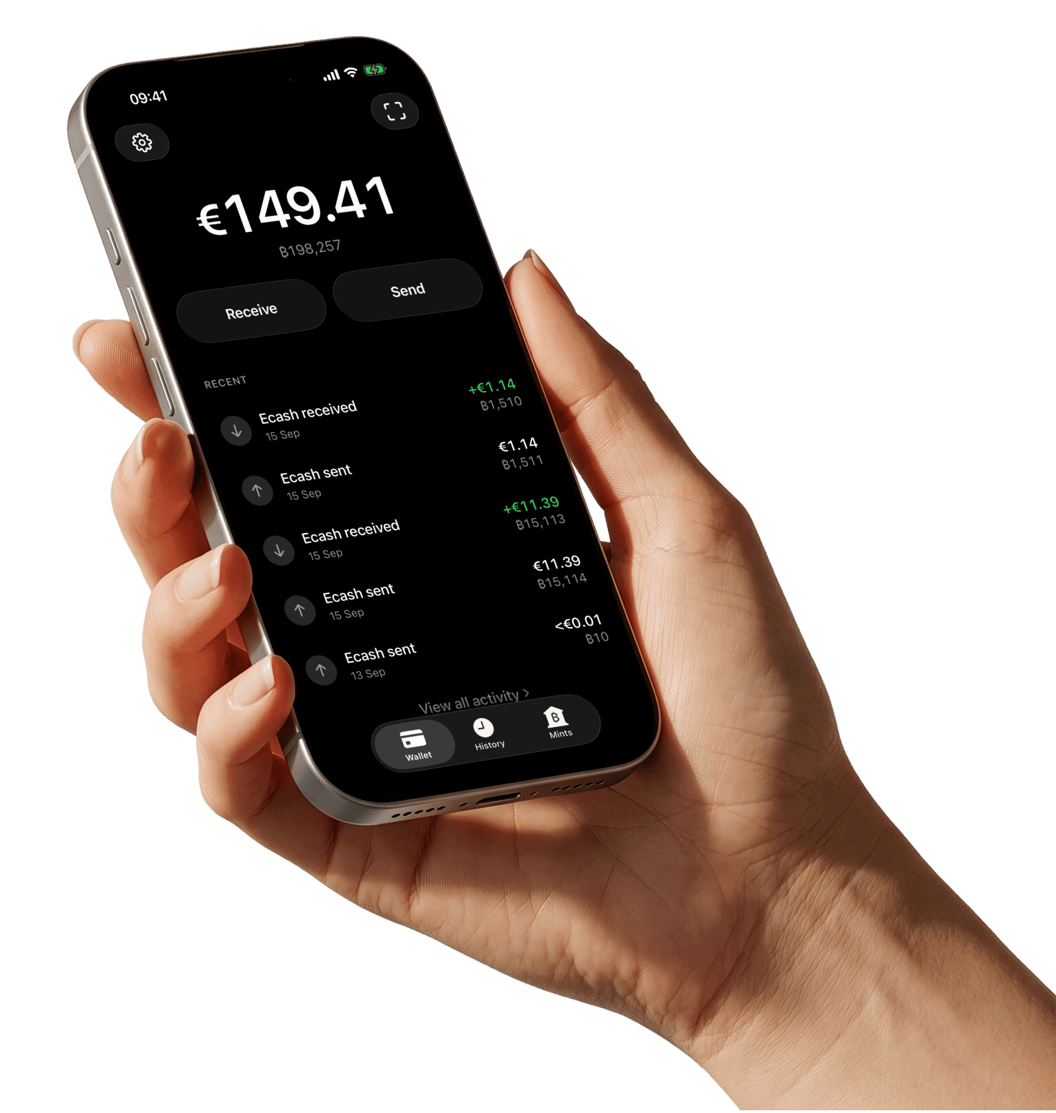 A hand holding a phone showing the cashu.me wallet balance and recent activity