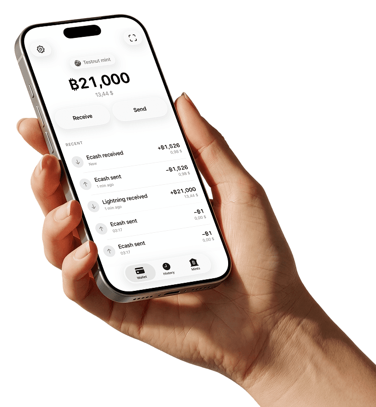 A hand holding a phone showing the cashu.me wallet balance and recent activity