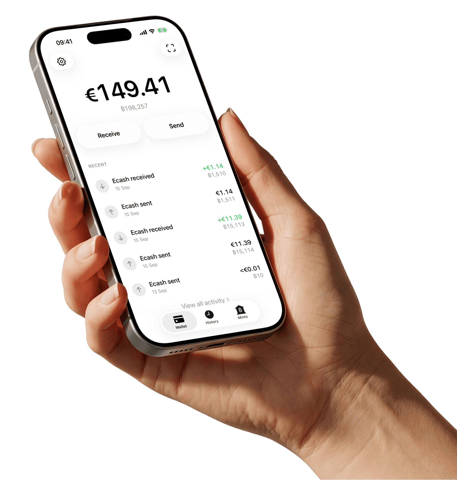 A hand holding a phone showing the cashu.me wallet balance and recent activity