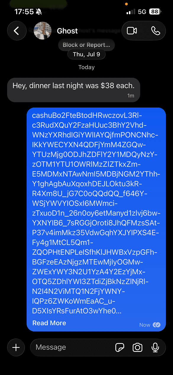 iMessage thread: a long Cashu token pasted in reply to 'dinner last night was $38 each'