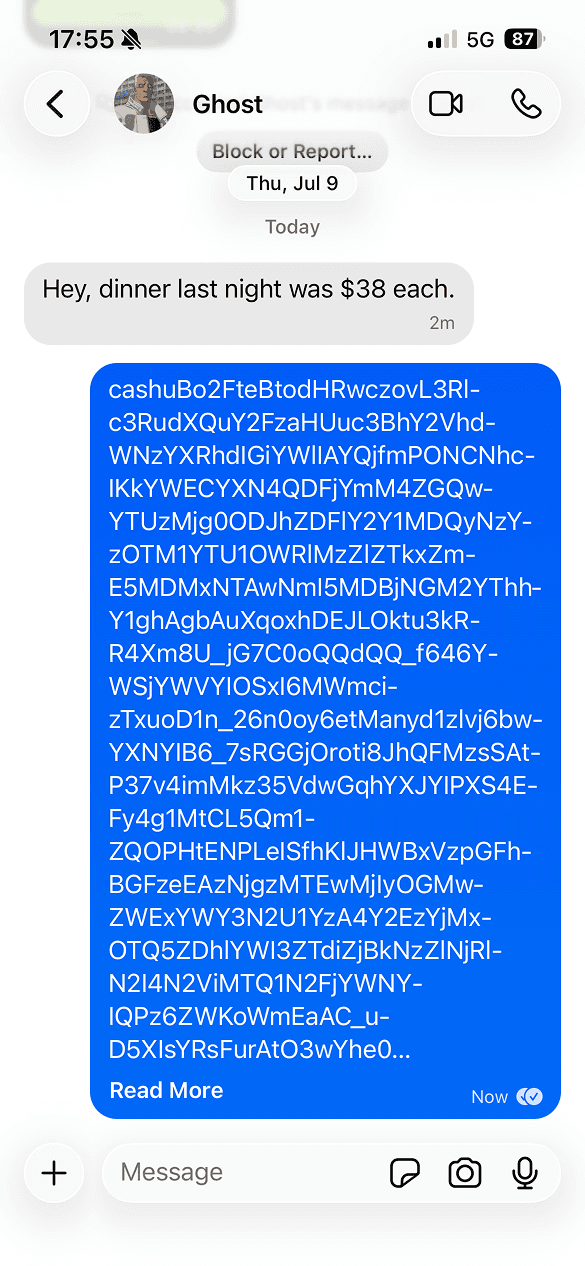 iMessage thread: a long Cashu token pasted in reply to 'dinner last night was $38 each'